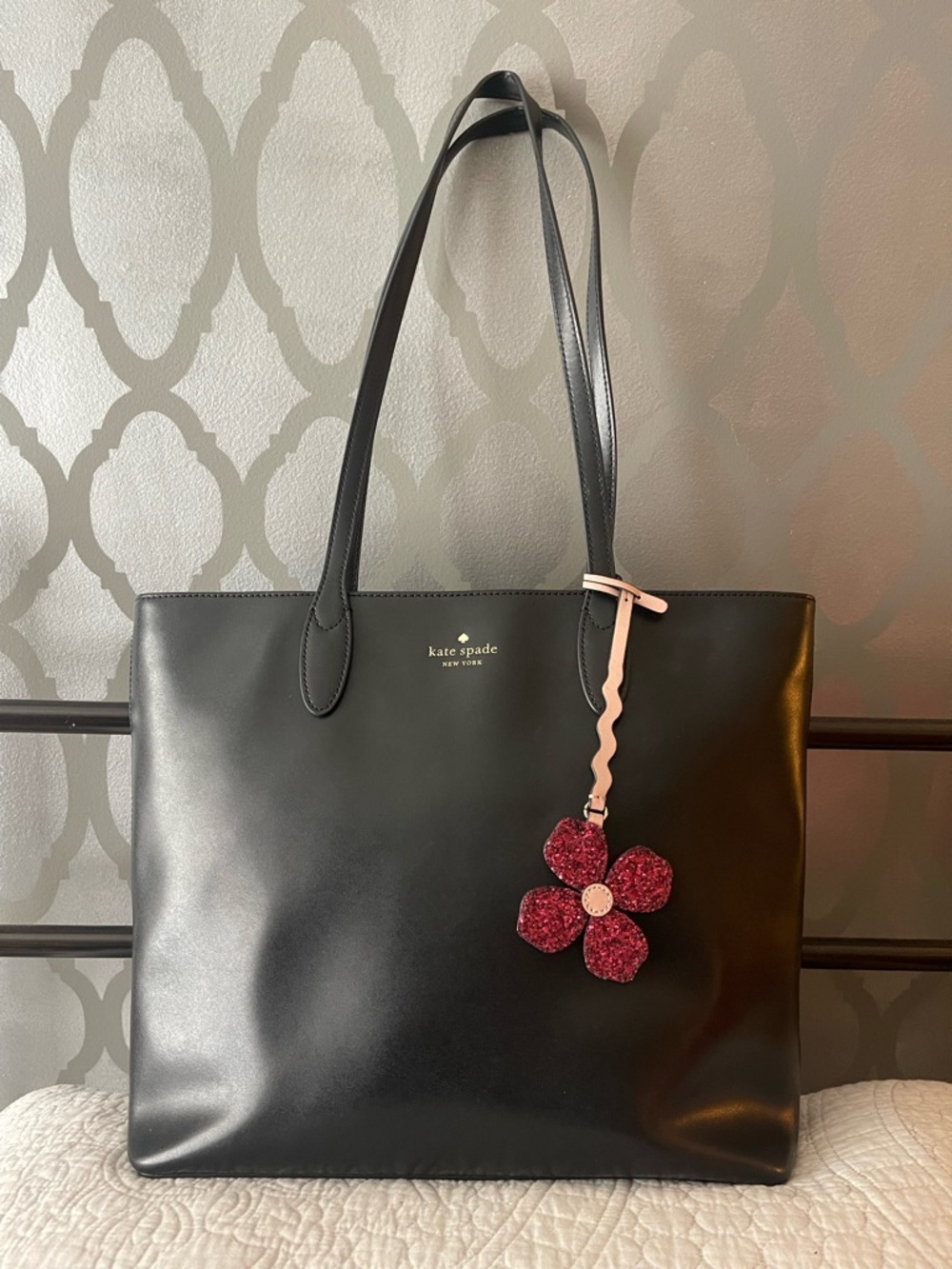 kate spade Black Leather Tote with Pink Flower Charm